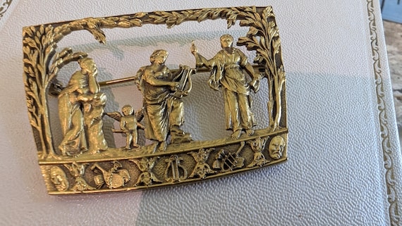 Neoclassic Style Rectangular Gold Tone Metal Broo… - image 2
