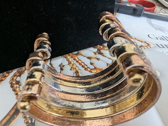 Tri Tone Statement Bracelet, Gold Stack, Boho Bra… - image 5