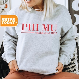 Phi Mu Sorority Sweatshirt | Phi Mu Aesthetic Hoodie | Bid Day Gifts | Crewneck Sweatshirt | Sorority Letters | Red Established
