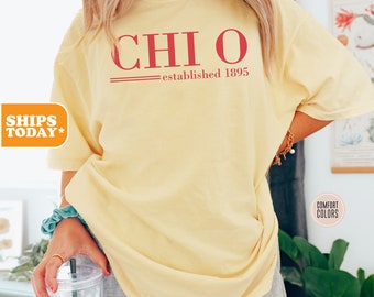 Chi Omega Comfort Colors Sorority T- shirt | Chi O Greek Gifts | Preppy Shirt | Sorority Shirts | Big Little Reveal | - Red Established -