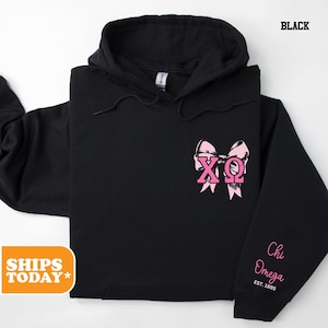Chi Omega Pink Bow Sorority Sweatshirt | Chi O Big Little Basket | XO Greek Letters | Trendy Sorority Merch | Chi O Greek Life Apparel
