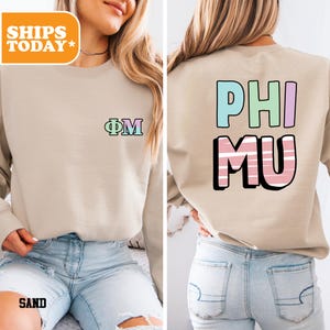 Phi Mu All in One Sorority Sweatshirt | Phi Mu Preppy Hoodie | Sorority Apparel | Big Little Basket | Crewneck Sweatshirt | 41268g