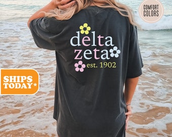 Delta Zeta Comfort Colors Sorority T-shirt | Dee Zee Sorority Letters | Trendy Shirt | Big Little Shirts | Greek Shirt - Pastel Floral -