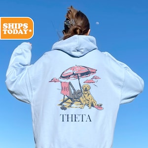 May include: Light blue hooded sweatshirt with a graphic of a dog sitting in a beach chair under an umbrella. The text "THETA" is printed below the graphic.