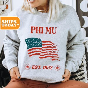 Phi Mu Sorority Sweatshirt | Phi Mu Pullover Hoodie | Crewneck Sweatshirt | Sorority Apparel | Greek Gifts | Flag Waves