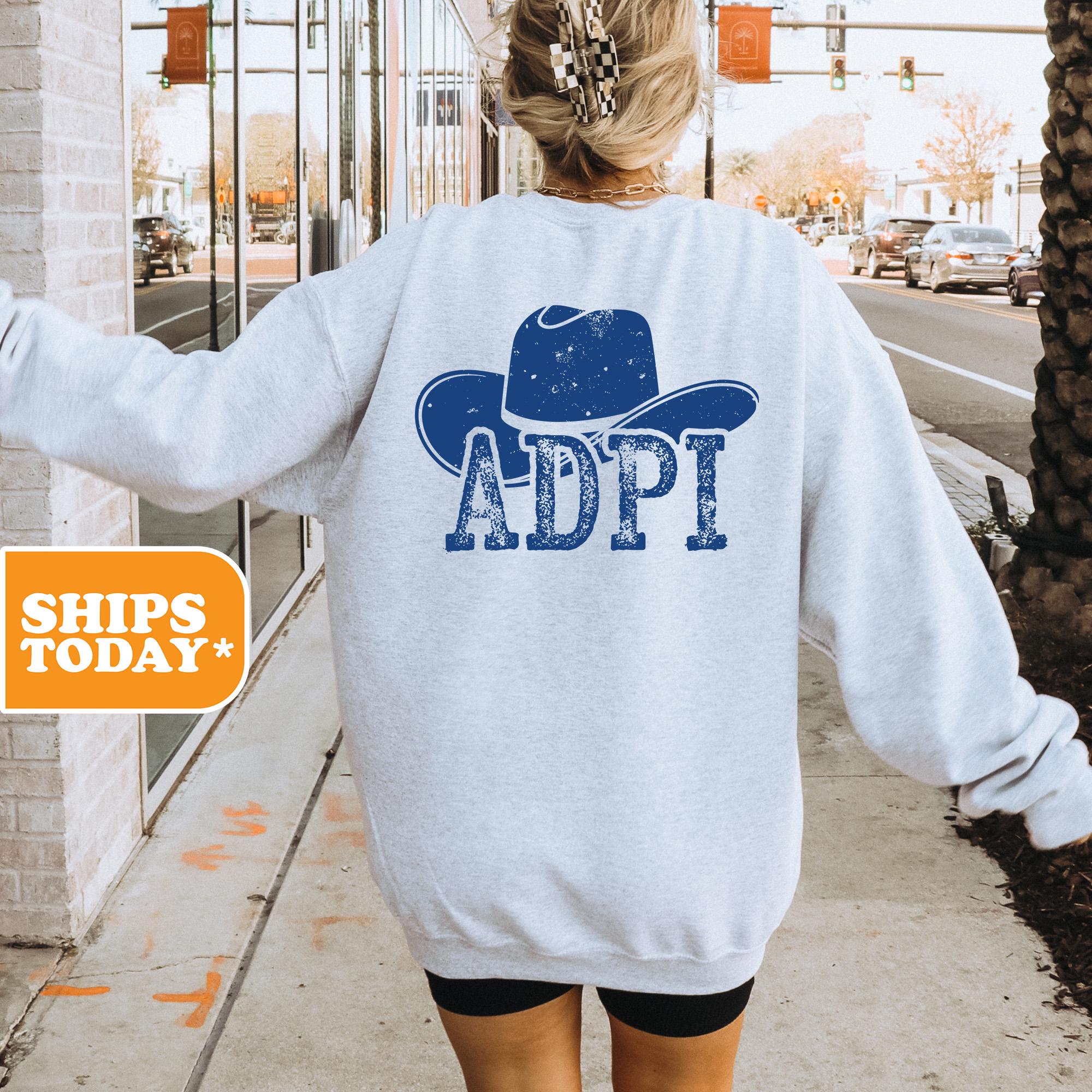 Adpi Blue Letters Alpha Delta Pi Blue Hat Sorority Sweatshirt | ADPI Crewneck Sweatshirt ...