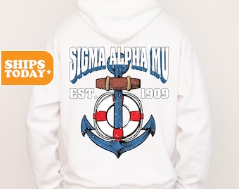 May include: White hooded sweatshirt with a blue and red anchor graphic and the text "Sigma Alpha Mu Est. 1909".