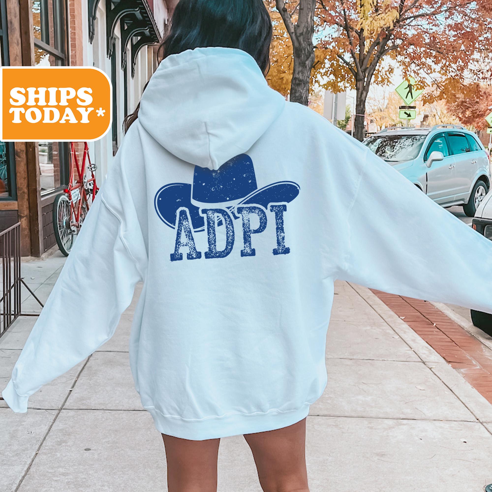 Adpi Blue Letters Alpha Delta Pi Blue Hat Sorority Sweatshirt | ADPI Crewneck Sweatshirt ...