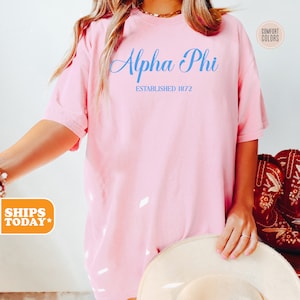 Alpha Phi Comfort Colors Sorority T-shirt | APHI Sorority Gifts | Big Little Reveal Shirt | APhi Greek Life Apparel - Written in Blue -
