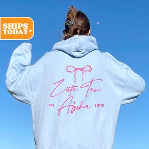 May include: A light blue hoodie with a pink bow and the text "Zeta Tau Alpha est. 1898" on the back.