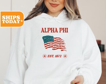 Alpha Phi Sorority Sweatshirt | APHI Sorority Letters | Greek Gifts | Crewneck Sweatshirt | Pink Hoodie | Custom Sorority | _ Flag Waves _