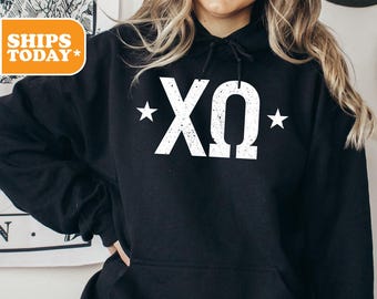 Chi Omega Sorority Sweatshirt | Chi O Preppy Hoodie | Crewneck Sweatshirt | Sorority Letters | Pink Hoodie | _ Stars and Letters _