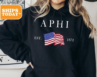 Alpha Phi Sorority Sweatshirt | Alpha Phi Sorority Letters | Greek Gifts | Sorority Hoodie | APHI Aesthetic Hoodie | _ Patriotic Hearts _
