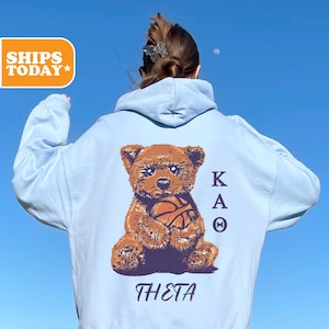 May include: Light blue hoodie with a brown teddy bear holding a basketball. The text "KAO THETA" is printed on the hoodie.