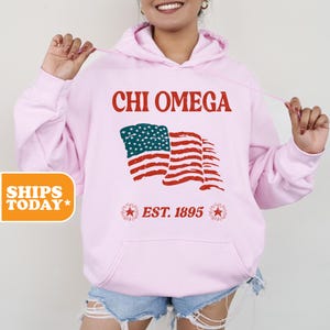 May include: Pink hooded sweatshirt with the text "CHI OMEGA EST. 1895" and a vintage-style American flag graphic.