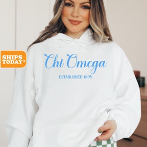 Chi Omega Sorority Sweatshirt | Chi Omega Merch | CHIO Greek Apparel | Sorority Hoodie | Big Little Basket _ Written in Blue _