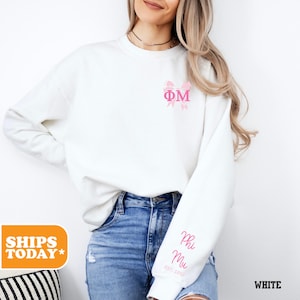 Phi Mu Pink Bow Sorority Sweatshirt | Phi Mu Big Little Gifts | Left Sleeve Design | Sorority Apparel | Greek Merch | Trendy Hoodie