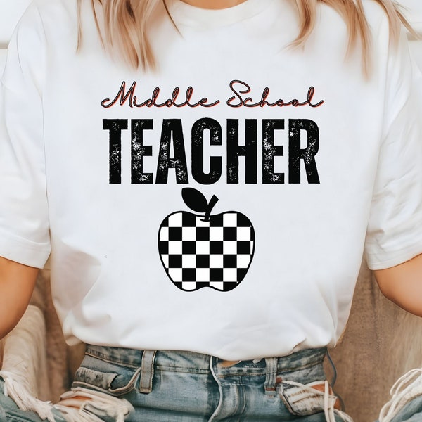 Middle School Teacher Tee, Teacher Shirt, Occupation, Checkered Apple, 90's Style, Grunge Shirt, Comfort Colors T-Shirt