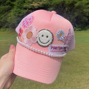 Trucker Patch Hat, Parton Me Sweetheart Hat, Pink and Pearls Cap, Cowgirl Truck Hat, Pink Trucker Hat with Patches, Cowgirl Boot Pin Hat