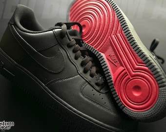 Custom Black Air Force 1 Red Bottoms, Hand Painted Black Sneakers, Custom All Black AF1, Matte Red Sole Shoes, Streetwear Sneakers