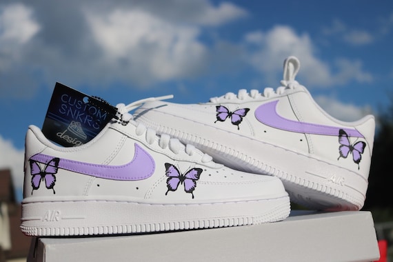 Nike Air Force 1 Custom Low Purple Lilac Blue Butterfly White Shoes Women  Kids