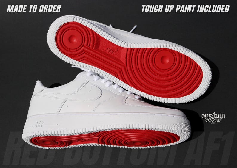 May include: White sneakers with red soles. The shoes have a classic design with a white upper, laces, and a red sole. The image includes the text "MADE TO ORDER" and "TOUCH UP PAINT INCLUDED".