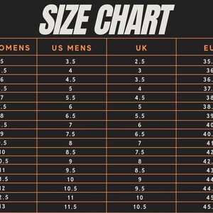 May include: A shoe size conversion chart, labelled "SIZE CHART" at the top. It shows US Women's, US Men's, UK, and EU sizes. The chart provides a size guide, with UK sizes ranging from 2.5 to 10.5, and EU sizes from 35.5 to 45.5.