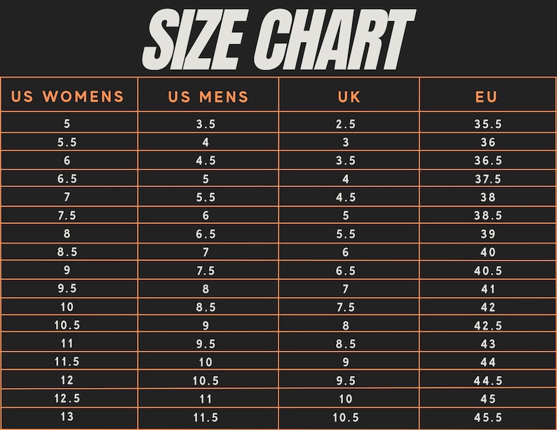 May include: A shoe size conversion chart, labelled "SIZE CHART" at the top. It shows US Women's, US Men's, UK, and EU sizes. The chart provides a size guide, with UK sizes ranging from 2.5 to 10.5, and EU sizes from 35.5 to 45.5.