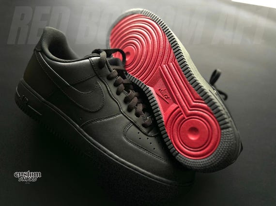 Custom Black Air Force 1 Red Bottoms, Hand Painted Black Sneakers, Custom All Black AF1, Matte Red Sole Shoes, Streetwear Sneakers