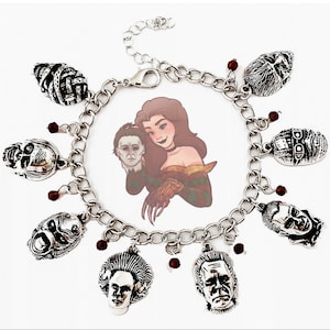 May include: Silver charm bracelet with red beads and various horror movie character charms, including Freddy Krueger, Jason Voorhees, Michael Myers, and Leatherface.