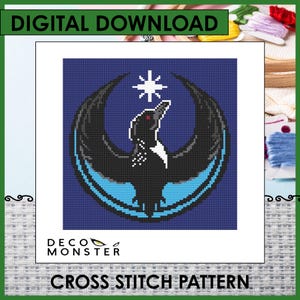 May include: A digital cross stitch pattern showing a black bird with wings spread, a white star, and the text "DECO MONSTER". The design is on a dark blue background, with the words "DIGITAL DOWNLOAD" and "CROSS STITCH PATTERN" at the top and bottom.