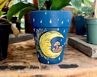 Moon & Mushroom Blue Planter 4”