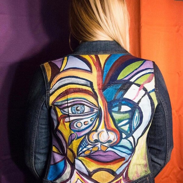 Abstract Face Denim Jacket Etsy