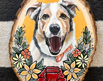 Custom Hand-Painted  Pet Portrait with Flower Arrangement on Wood Slice