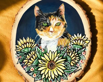 Custom Hand-Painted  Pet Portrait with Flower Arrangement on Wood Slice