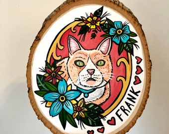 Custom Hand-Painted Tattoo Style Pet Portrait on Wood Slice