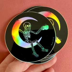 Skeleton Drinking Coffee Holographic Sticker