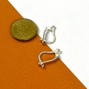 May include: Two silver earring clasps with a curved design are shown against a white and orange backdrop. A gold coin is also present. The clasps are small and have a hook and loop closure.