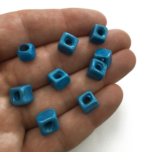 Handmade Square Glass Cube Beads, Blue Glass Cube  Beads, Turkish Evil Eye Beads, Large Hole Square Blue Beads, Glass Charms, Gemstone NZR02