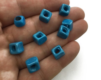 Handmade Square Glass Cube Beads, Blue Glass Cube  Beads, Turkish Evil Eye Beads, Large Hole Square Blue Beads, Glass Charms, Gemstone NZR02