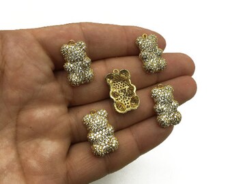 24K Gold Plated Bear Charm: Micro Pave CZ Animal Pendant