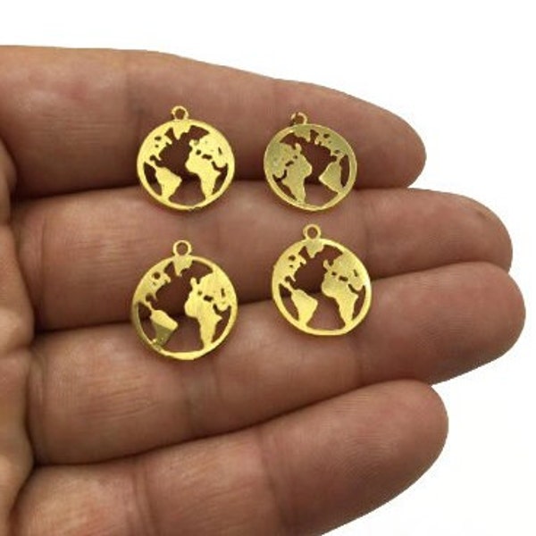 15x16mm 24 k Shiny Gold Plated World Map Charms, Gold World Necklace, Globe Pendant, Earth Pendant, World Map Charms, Travel Pendant - MRT03