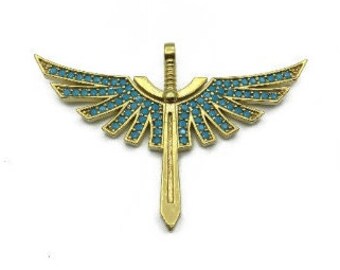 24K Gold Plated CZ Angel Wing & Sword Charm: 32x45mm Pendant