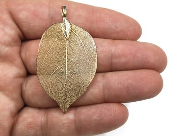 Gold Plated Natural Leaf Necklace: Bronze Filigree Charm