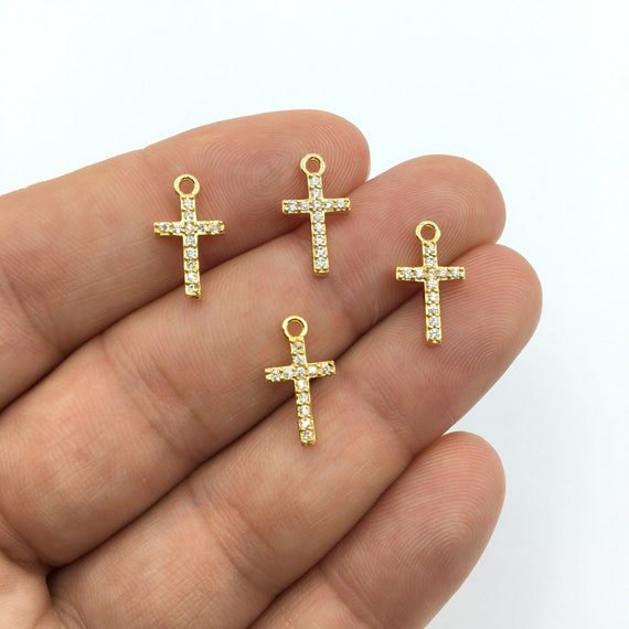 24k Gold Plated Cross Charm: Micro Pave Zircon Pendant (7x11mm)