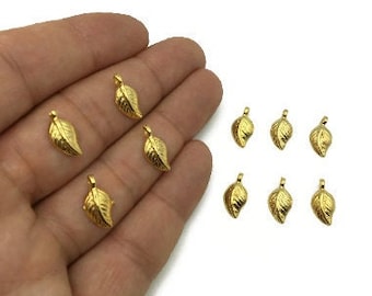 24k Gold Leaf Charms: Tiny Brass Leaf Pendants (7x14mm)