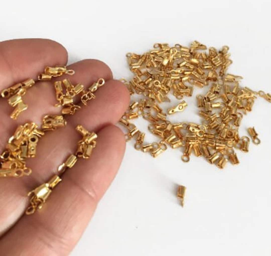 25 Pcs, 7x3mm 24k Shiny Gold Cord Crimps, Fold Over Cord End Tips