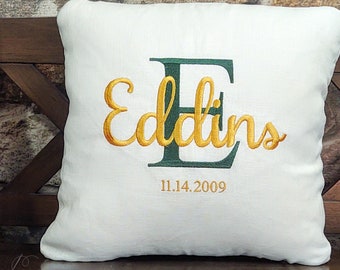 Personalized Anniversary Pillow, Custom Bridal Shower Gift for Couple. Embroidered Keepsake, Last Name Pillow, Gift with Wedding Date