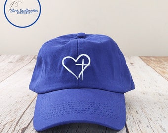 Embroidered Dad Hat, Baseball Caps for Women, Hat with Cross and Heart, Hats with Designs, Adjustable Hats, Made to Order Hats, Cotton Caps