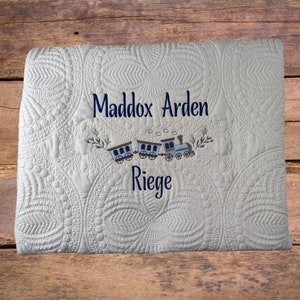 Embroidered Baby Quilt for Boys, Baby Blanket with Train, Personalized Baby Quilt, Railroad Baby Gift, Train Cotton Quilt, Custom Quilt Boy